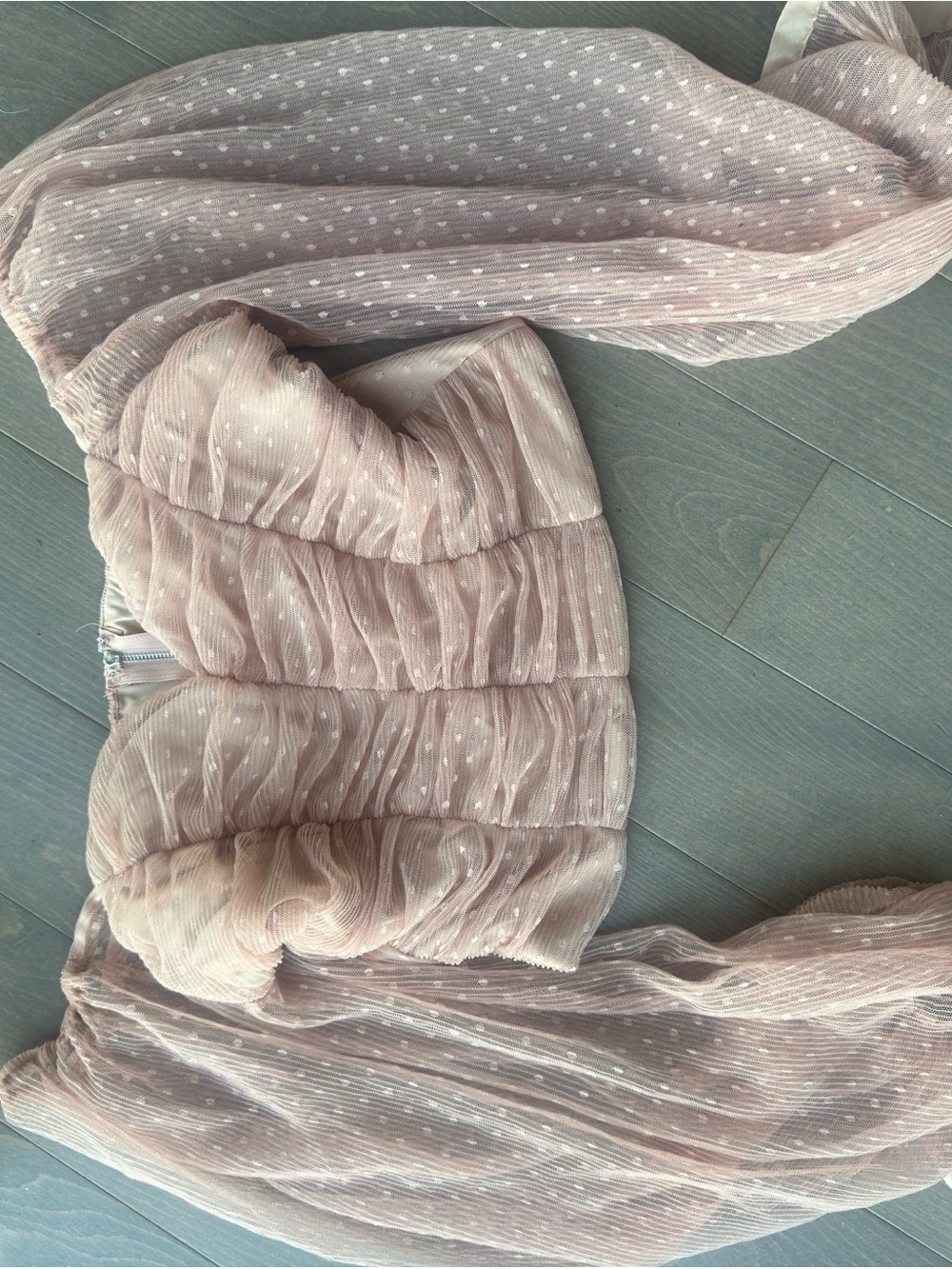 Striped Swiss Dot Chiffon Off-Shoulder Blouse in Dusty Pink